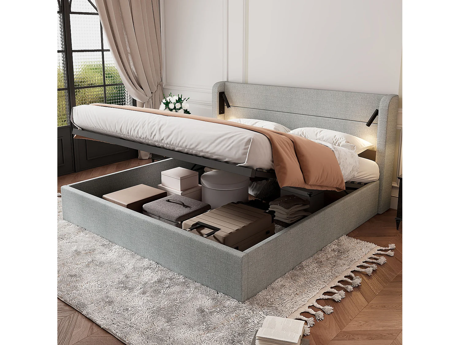 Tweepersoons gestoffeerd bed met opbergruimte - 180 x 200 cm - met opbergruimte en sfeerverlichting - Linnen - grijs