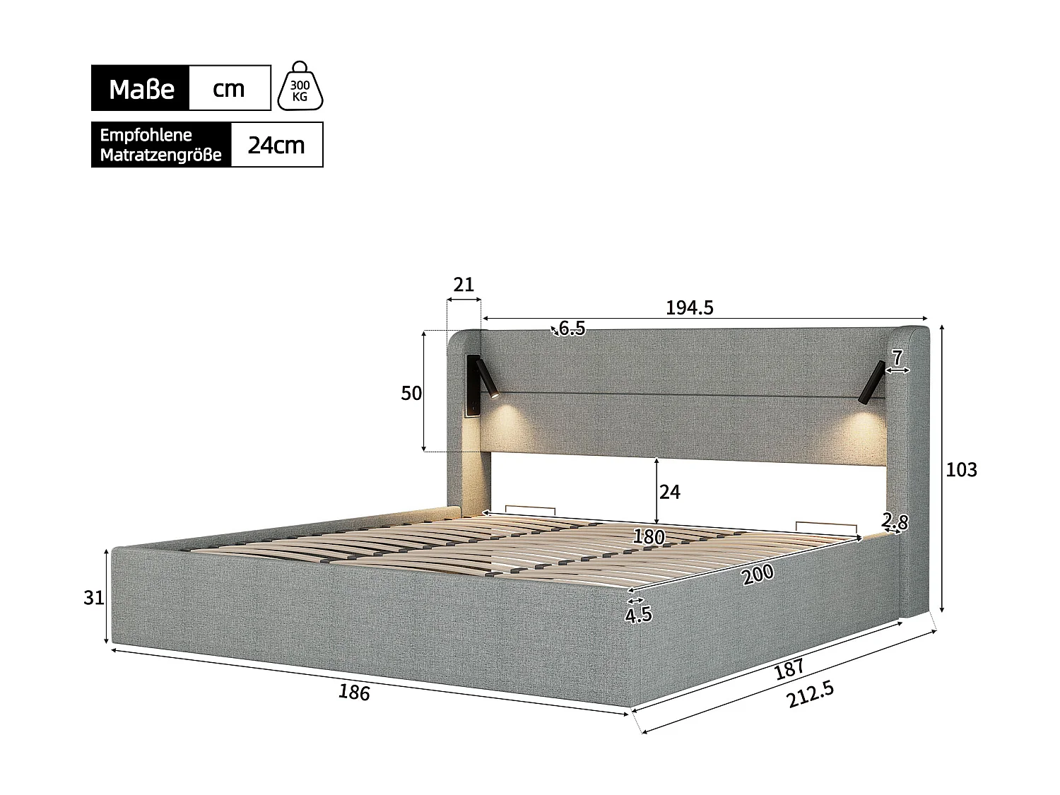Tweepersoons gestoffeerd bed met opbergruimte - 180 x 200 cm - met opbergruimte en sfeerverlichting - Linnen - grijs
