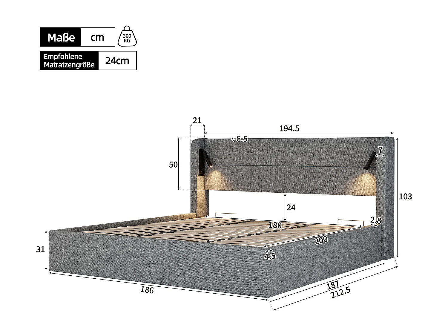 Tweepersoons gestoffeerd bed met opbergruimte - 180 x 200 cm - met opbergruimte en sfeerverlichting - Chenille - grijs