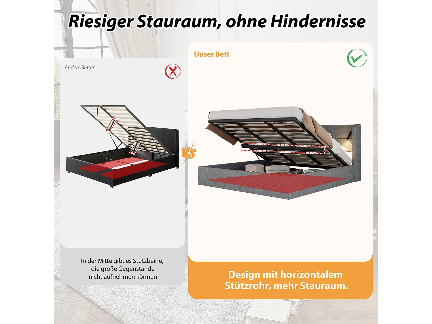 Tweepersoons gestoffeerd bed met opbergruimte - 180 x 200 cm - met opbergruimte en sfeerverlichting - Chenille - grijs