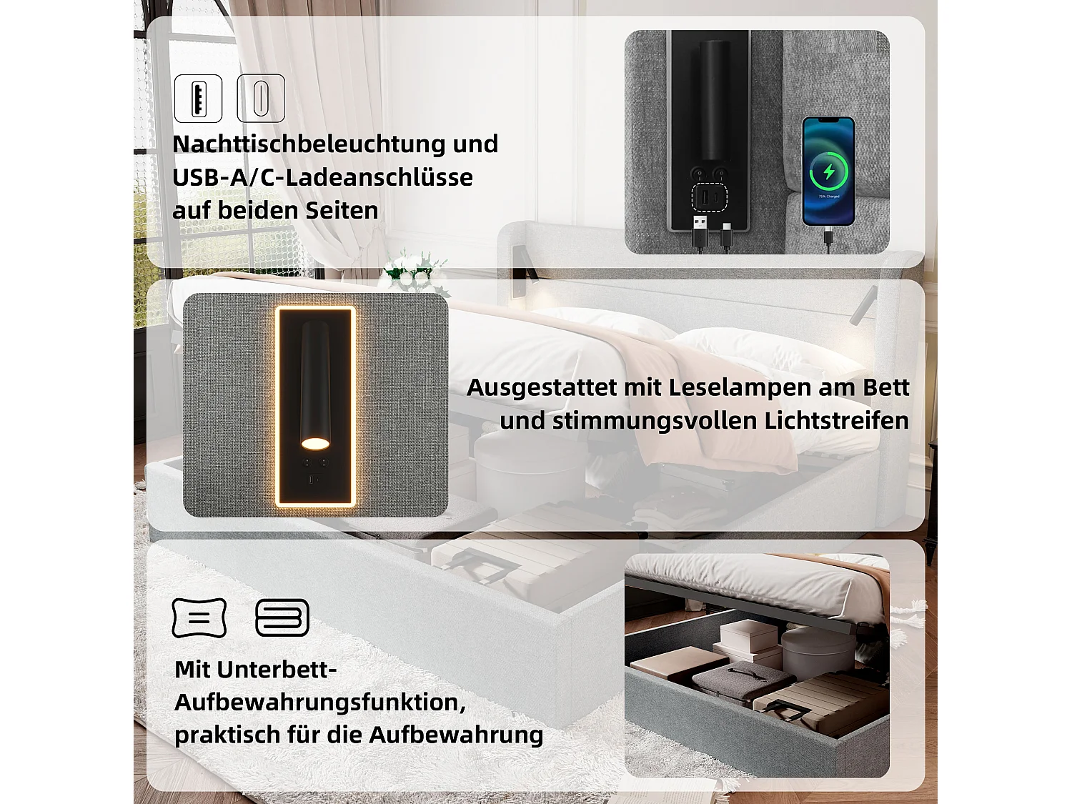 Tweepersoons gestoffeerd bed met opbergruimte - 180 x 200 cm - met opbergruimte en sfeerverlichting - Chenille - grijs