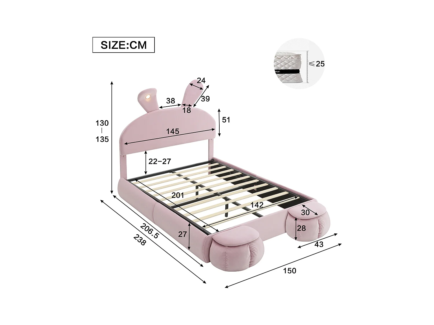 Łóżko podwójne ze schowkiem - 140 x 200 cm - z 2 stołkami ze schowkiem - uszy królika z diodami LED - aksamit - różowy