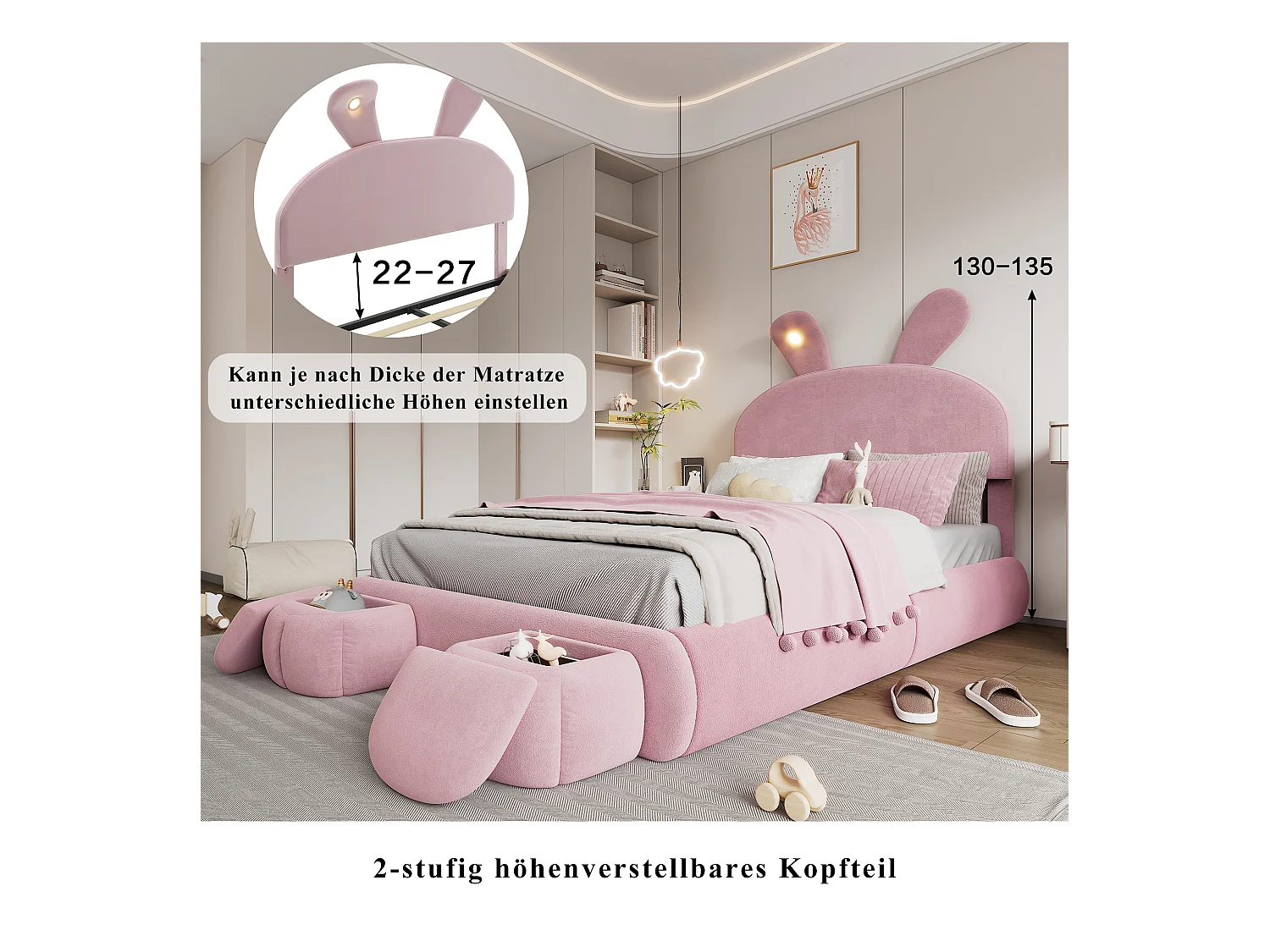 Łóżko podwójne ze schowkiem - 140 x 200 cm - z 2 stołkami ze schowkiem - uszy królika z diodami LED - aksamit - różowy