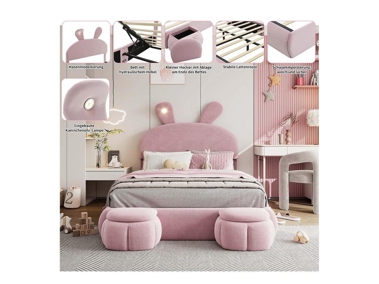 Łóżko podwójne ze schowkiem - 140 x 200 cm - z 2 stołkami ze schowkiem - uszy królika z diodami LED - aksamit - różowy