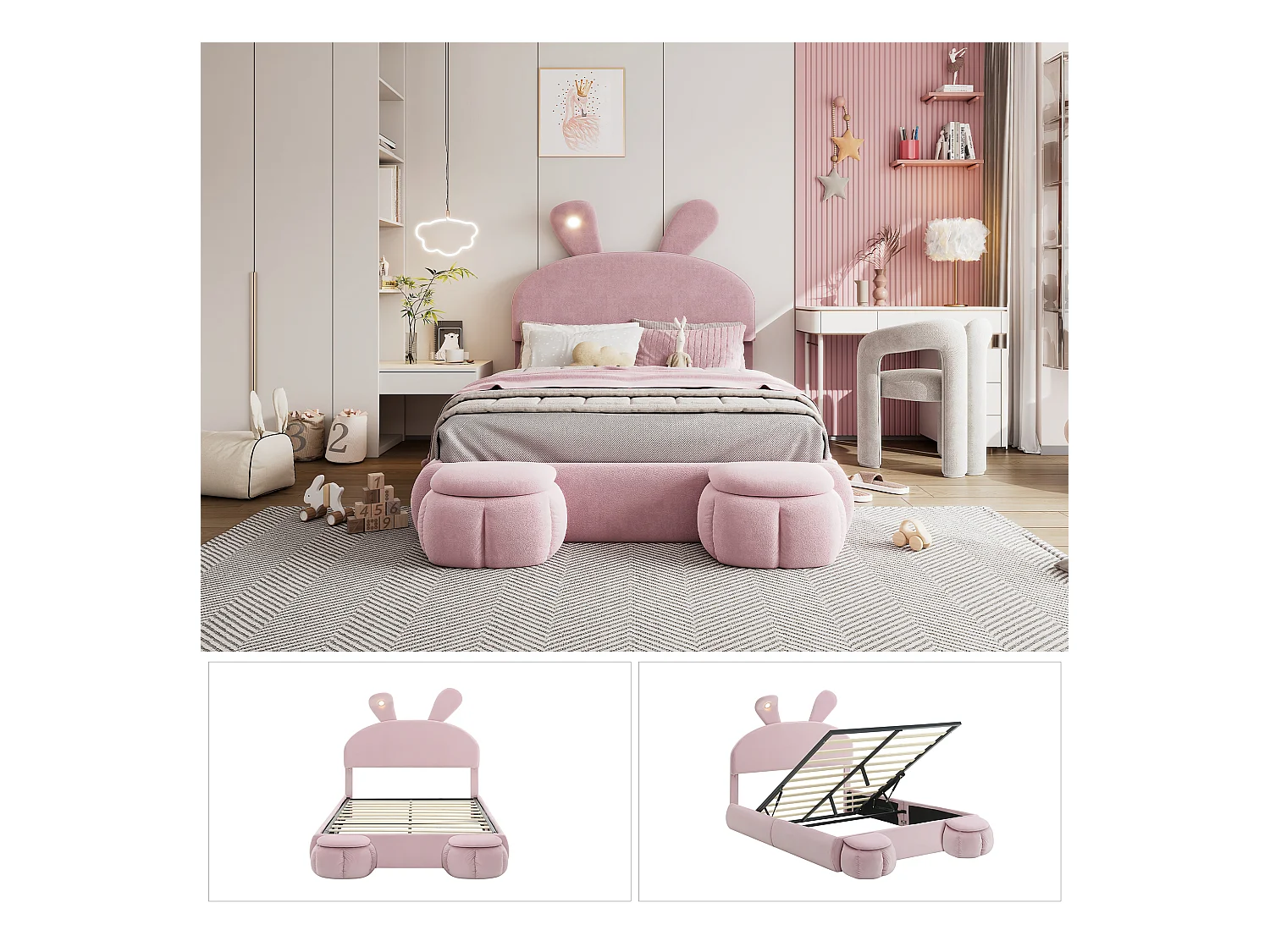 Łóżko podwójne ze schowkiem - 140 x 200 cm - z 2 stołkami ze schowkiem - uszy królika z diodami LED - aksamit - różowy