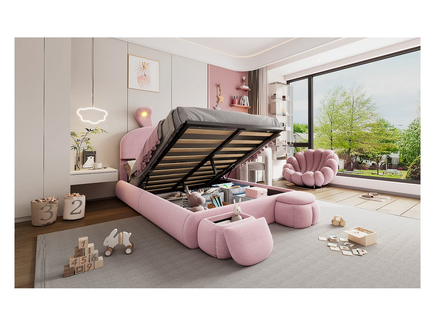 Łóżko podwójne ze schowkiem - 140 x 200 cm - z 2 stołkami ze schowkiem - uszy królika z diodami LED - aksamit - różowy