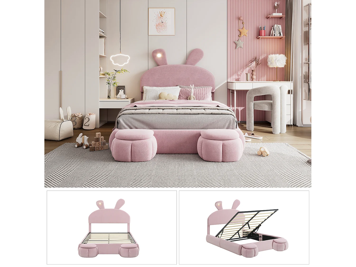 Lit coffre double - 140 x 200 cm - avec 2 tabourets de rangement - oreilles de lapin avec LEDs - Velours - Rose