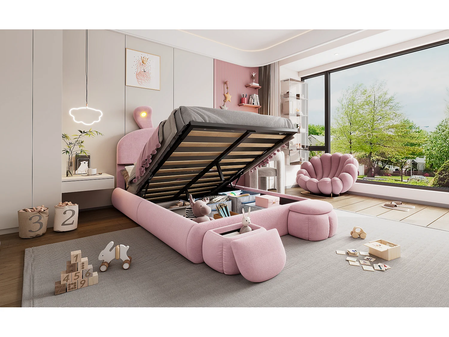 Lit coffre double - 140 x 200 cm - avec 2 tabourets de rangement - oreilles de lapin avec LEDs - Velours - Rose