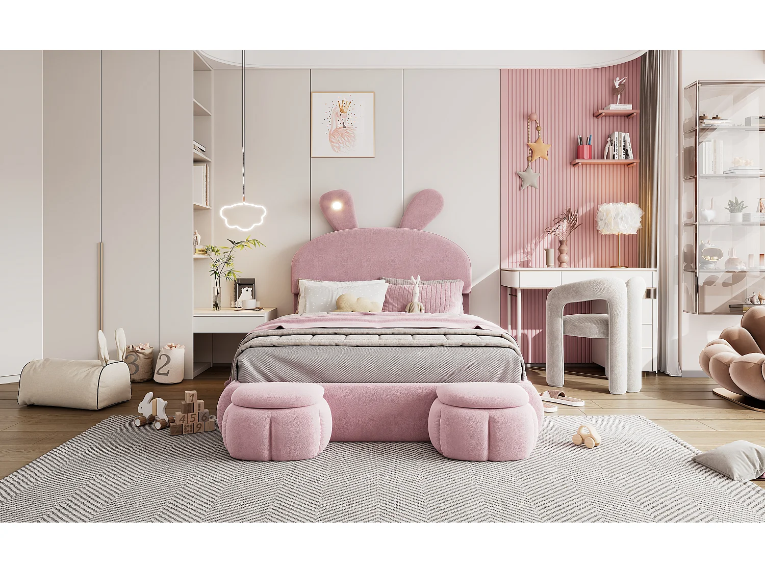 Lit coffre double - 140 x 200 cm - avec 2 tabourets de rangement - oreilles de lapin avec LEDs - Velours - Rose