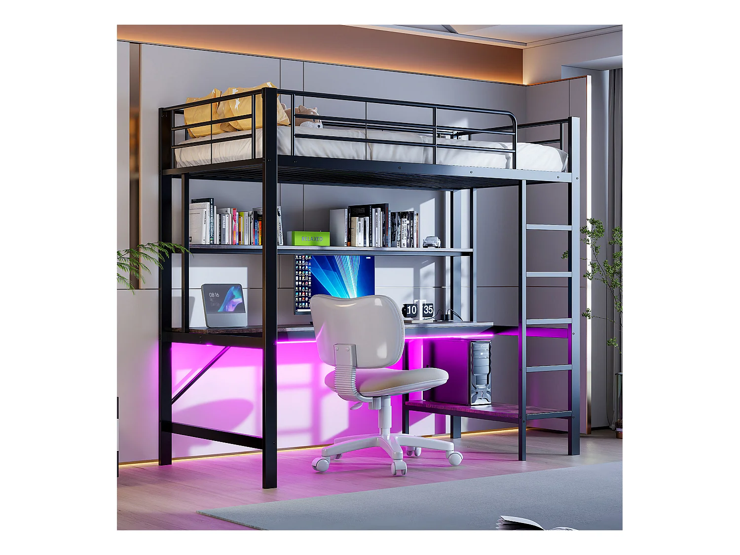 Lit mezzanine garde-corps et escabeau - 90 x 200 cm - avec USB et secteur - LED et bureau - sans matelas - métal - noir
