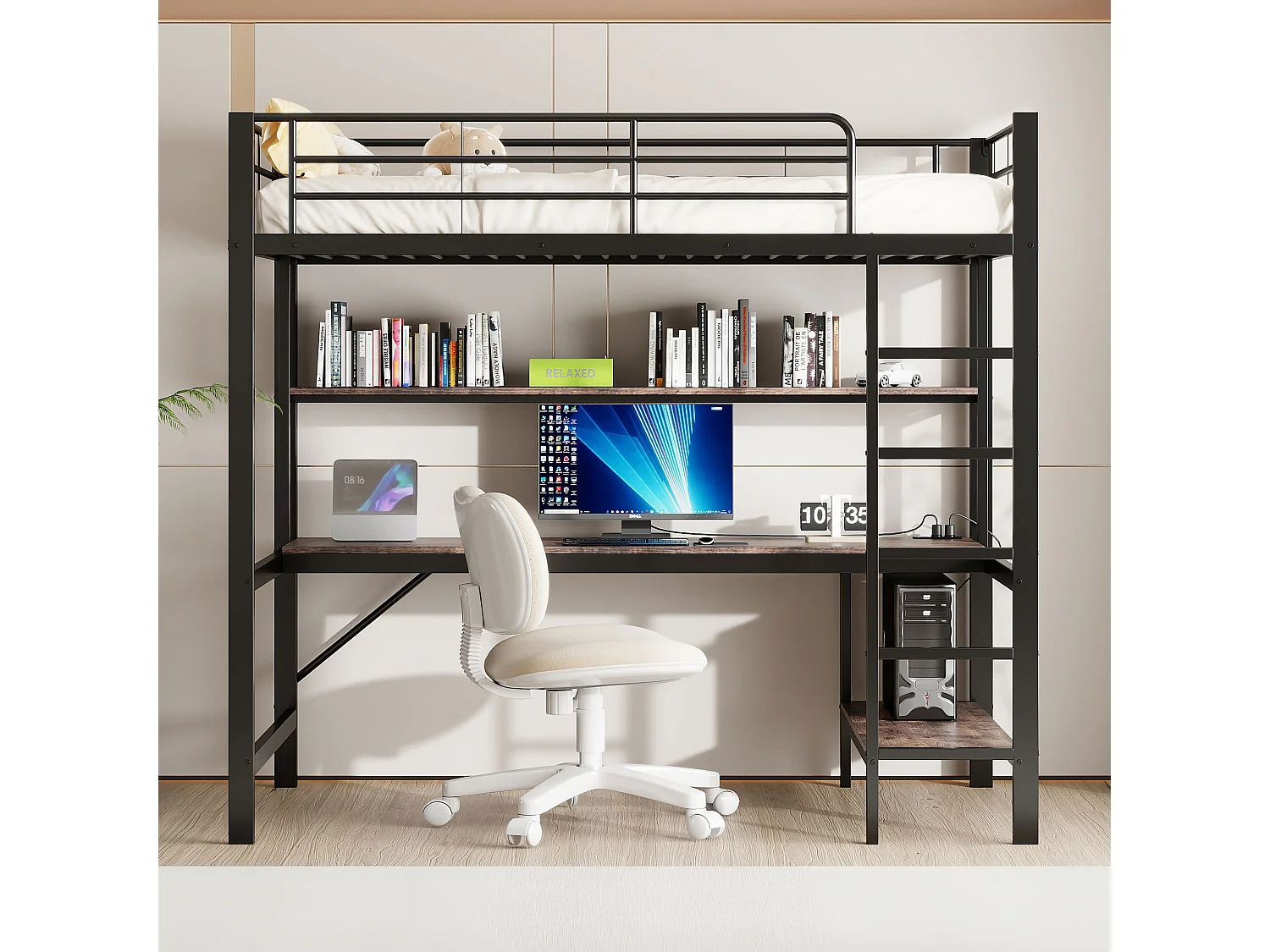 Cama alta con barandilla y escalera - 90 x 200 cm - con USB y red eléctrica - LED y escritorio - sin colchón - metal - negro