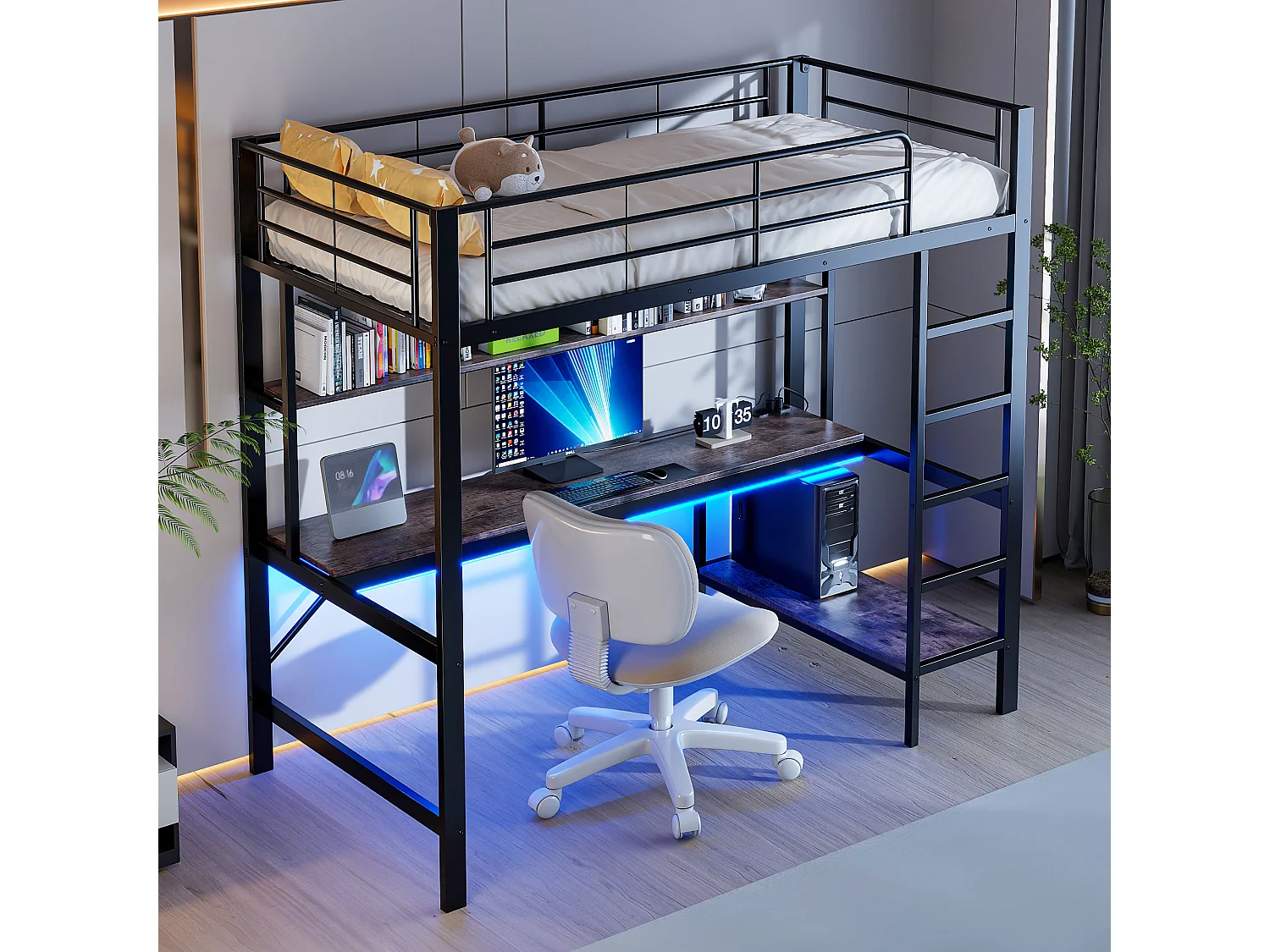 Cama alta con barandilla y escalera - 90 x 200 cm - con USB y red eléctrica - LED y escritorio - sin colchón - metal - negro