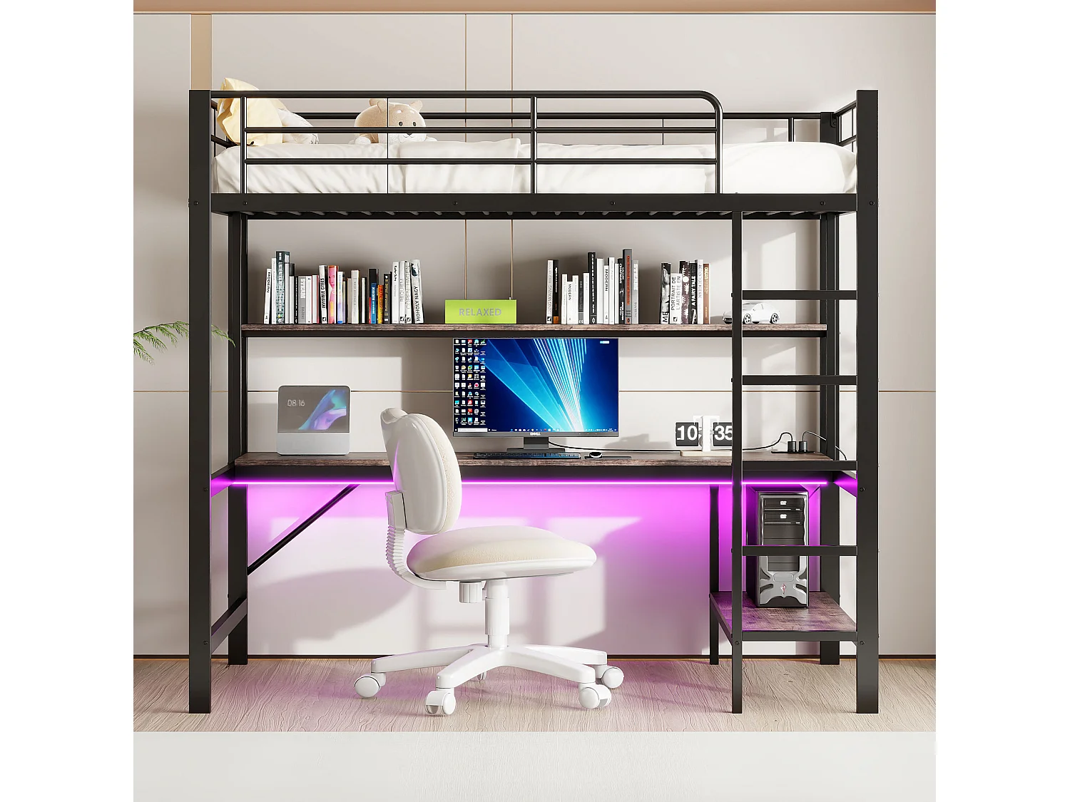 Cama alta con barandilla y escalera - 90 x 200 cm - con USB y red eléctrica - LED y escritorio - sin colchón - metal - negro