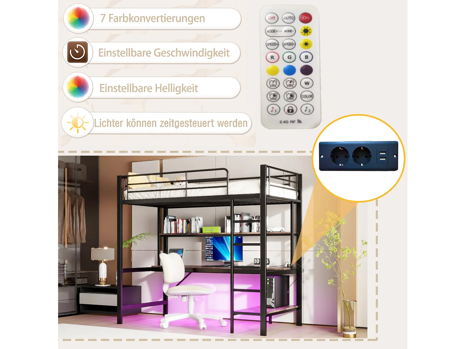 Cama alta con barandilla y escalera - 90 x 200 cm - con USB y red eléctrica - LED y escritorio - sin colchón - metal - negro