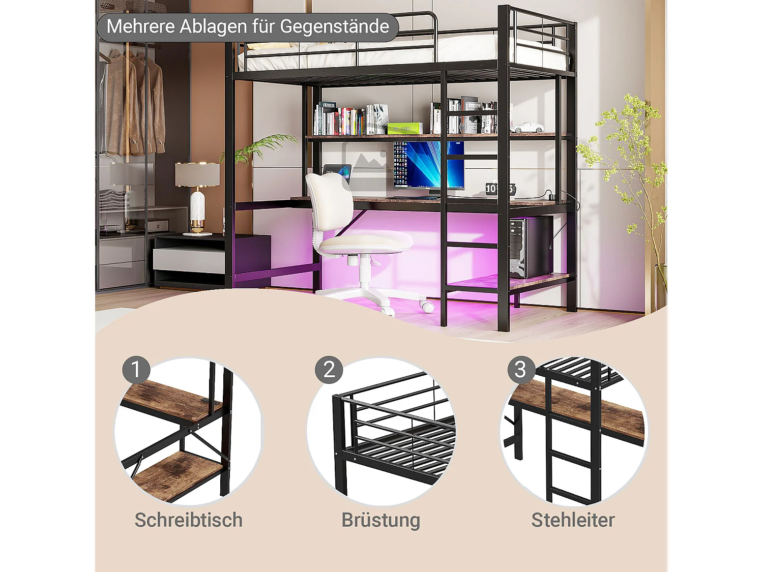 Cama alta con barandilla y escalera - 90 x 200 cm - con USB y red eléctrica - LED y escritorio - sin colchón - metal - negro