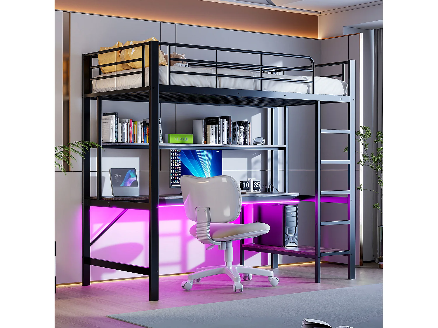 Letto a soppalco con sponda e scaletta - 90 x 200 cm - con USB e presa di corrente - LED e scrivania - senza materasso - metallo - nero