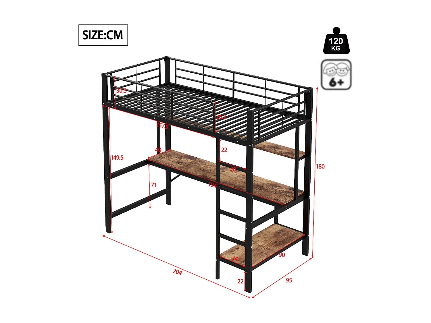 Letto a soppalco con sponda e scaletta - 90 x 200 cm - con USB e presa di corrente - LED e scrivania - senza materasso - metallo - nero