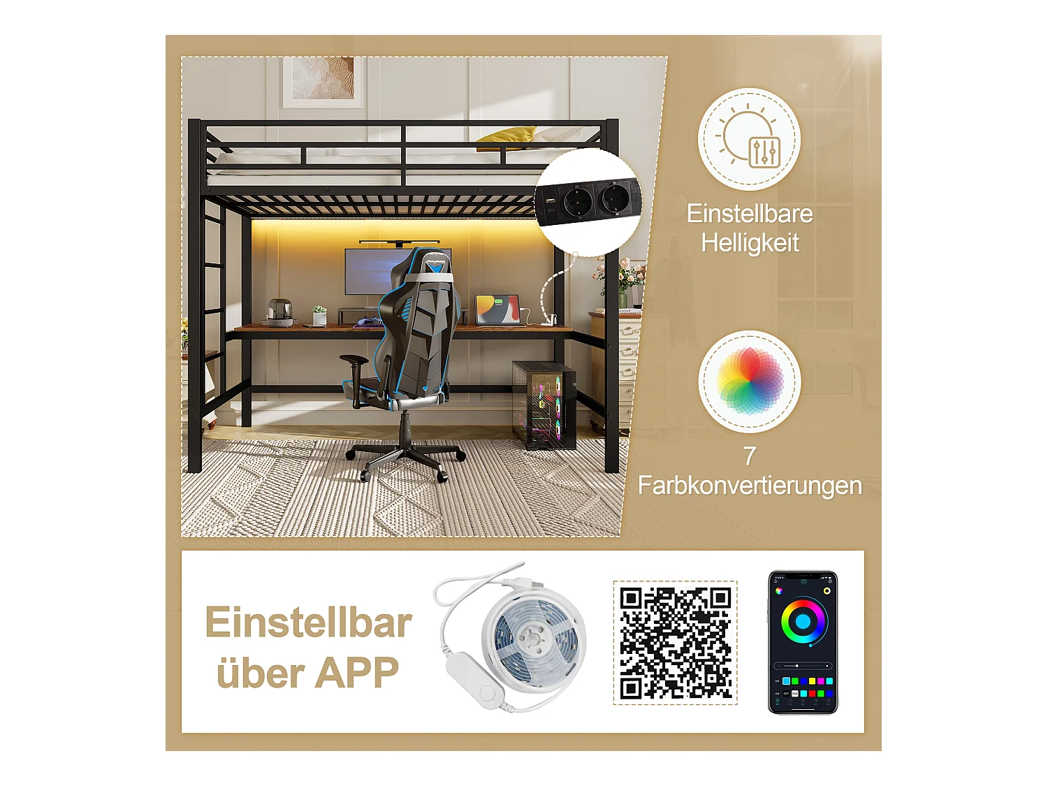 Hoogslaper met leuning en trapladder - 90 x 200 cm - met USB en tafel - LED - zonder matras - metaal - wit