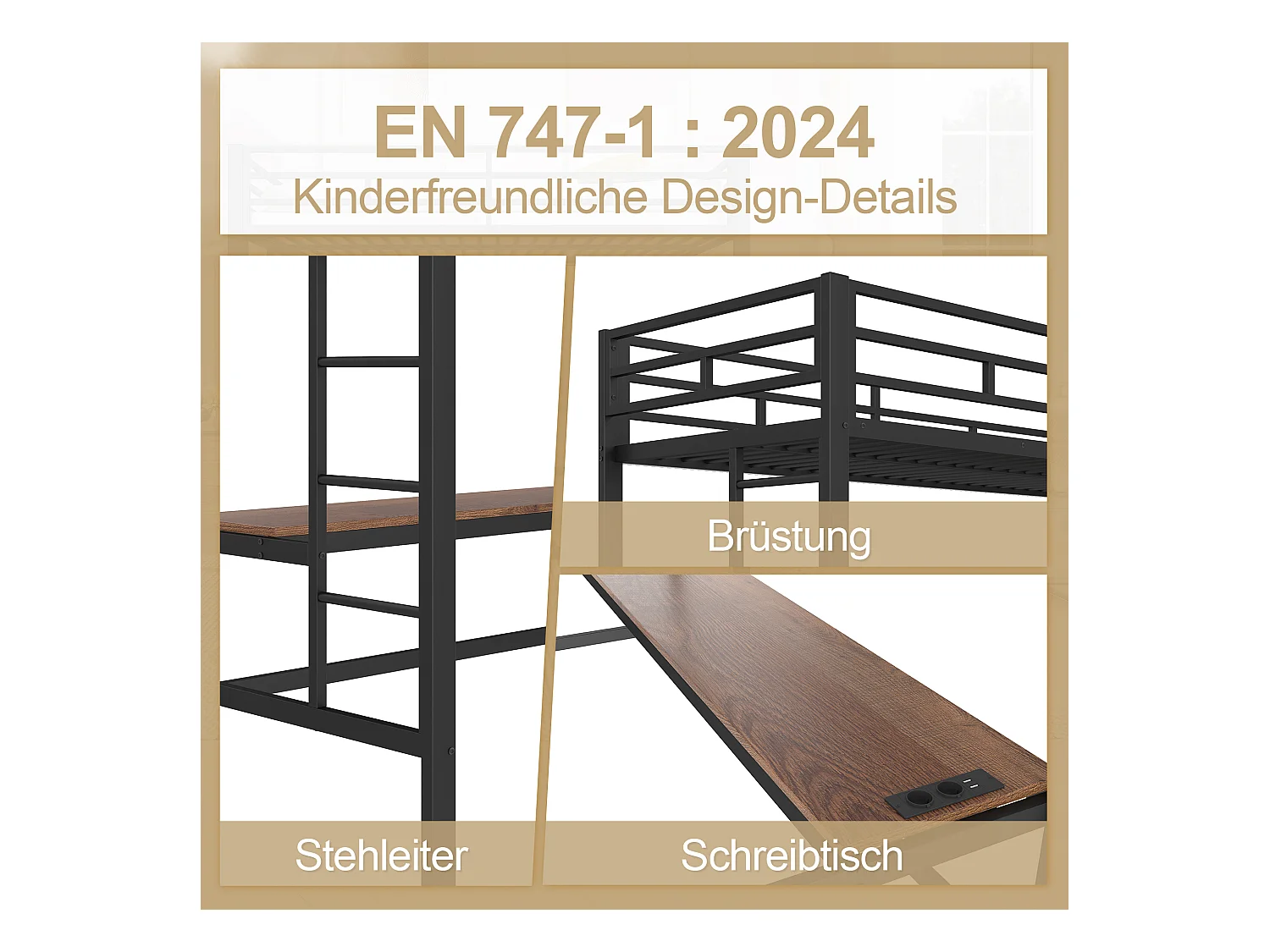 Hoogslaper met leuning en trapladder - 90 x 200 cm - met USB en tafel - LED - zonder matras - metaal - wit
