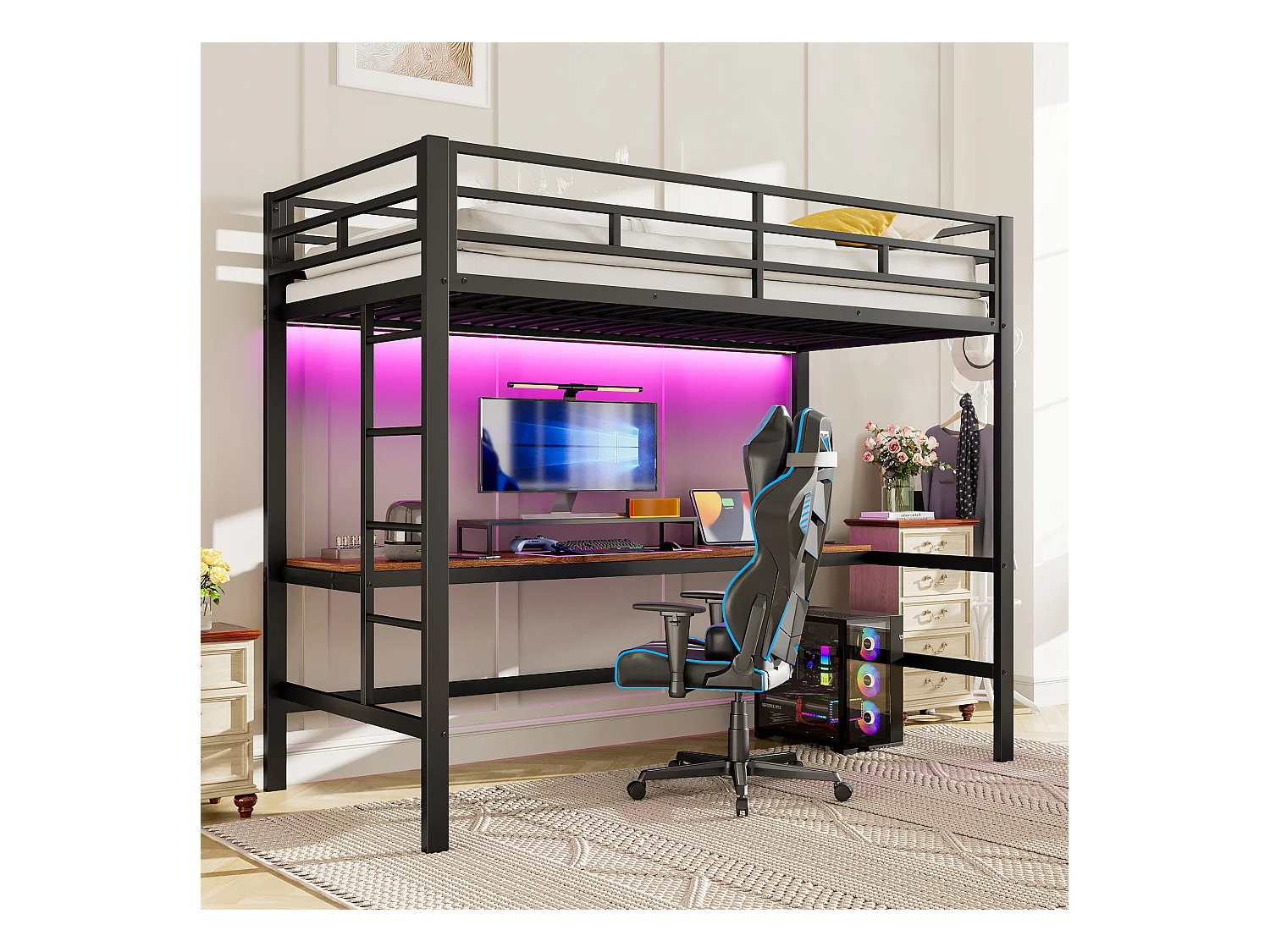 Hoogslaper met leuning en trapladder - 90 x 200 cm - met USB en tafel - LED - zonder matras - metaal - wit