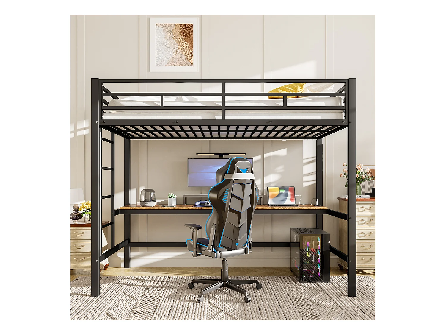 Hoogslaper met leuning en trapladder - 90 x 200 cm - met USB en tafel - LED - zonder matras - metaal - wit