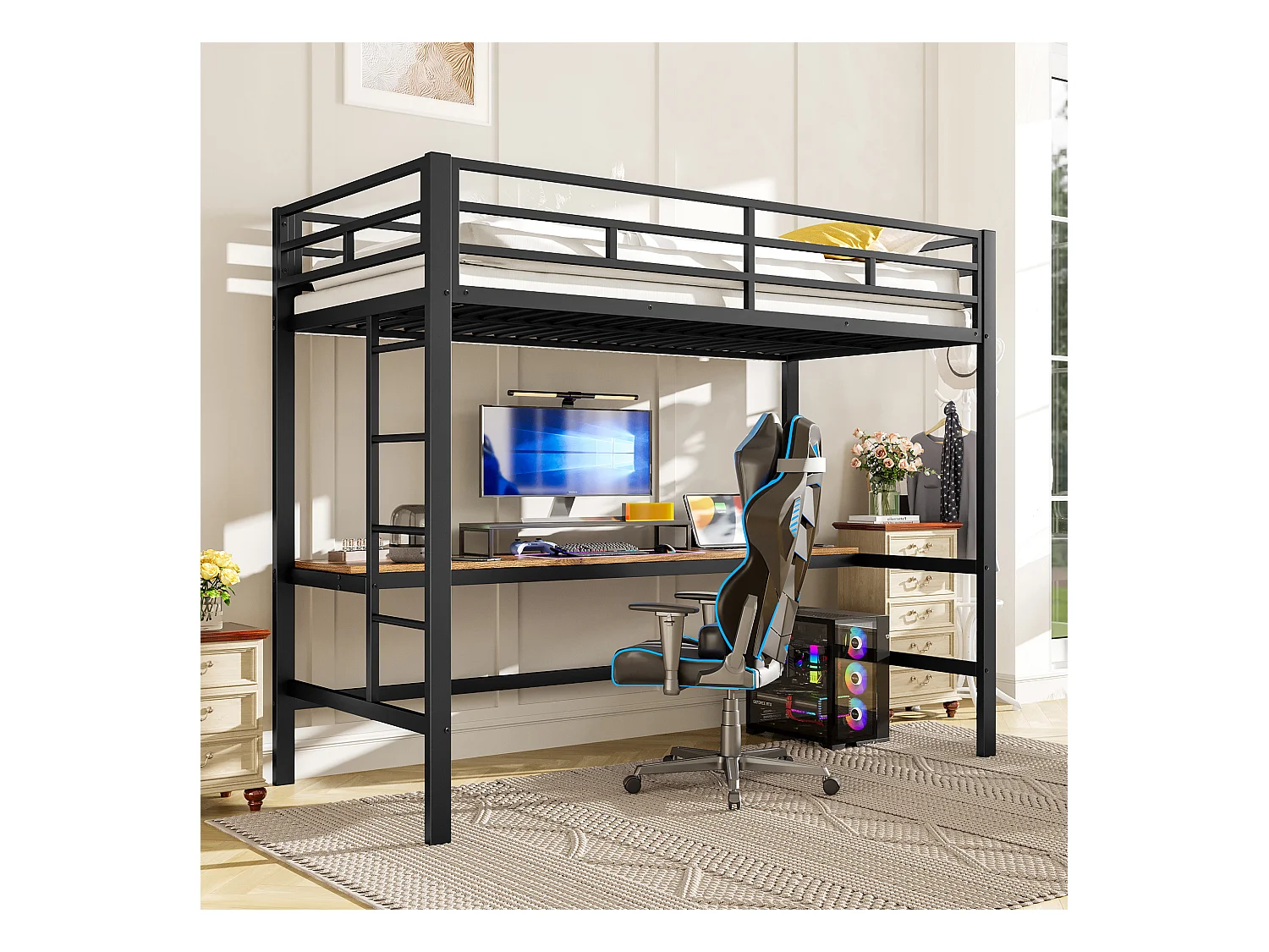 Hoogslaper met leuning en trapladder - 90 x 200 cm - met USB en tafel - LED - zonder matras - metaal - wit