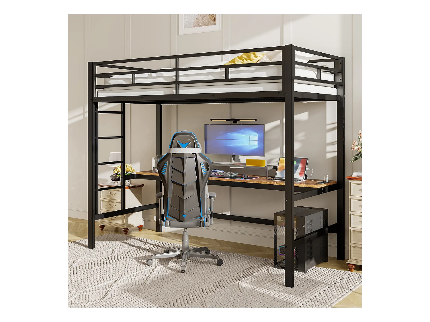 Hoogslaper met leuning en trapladder - 90 x 200 cm - met USB en tafel - LED - zonder matras - metaal - wit