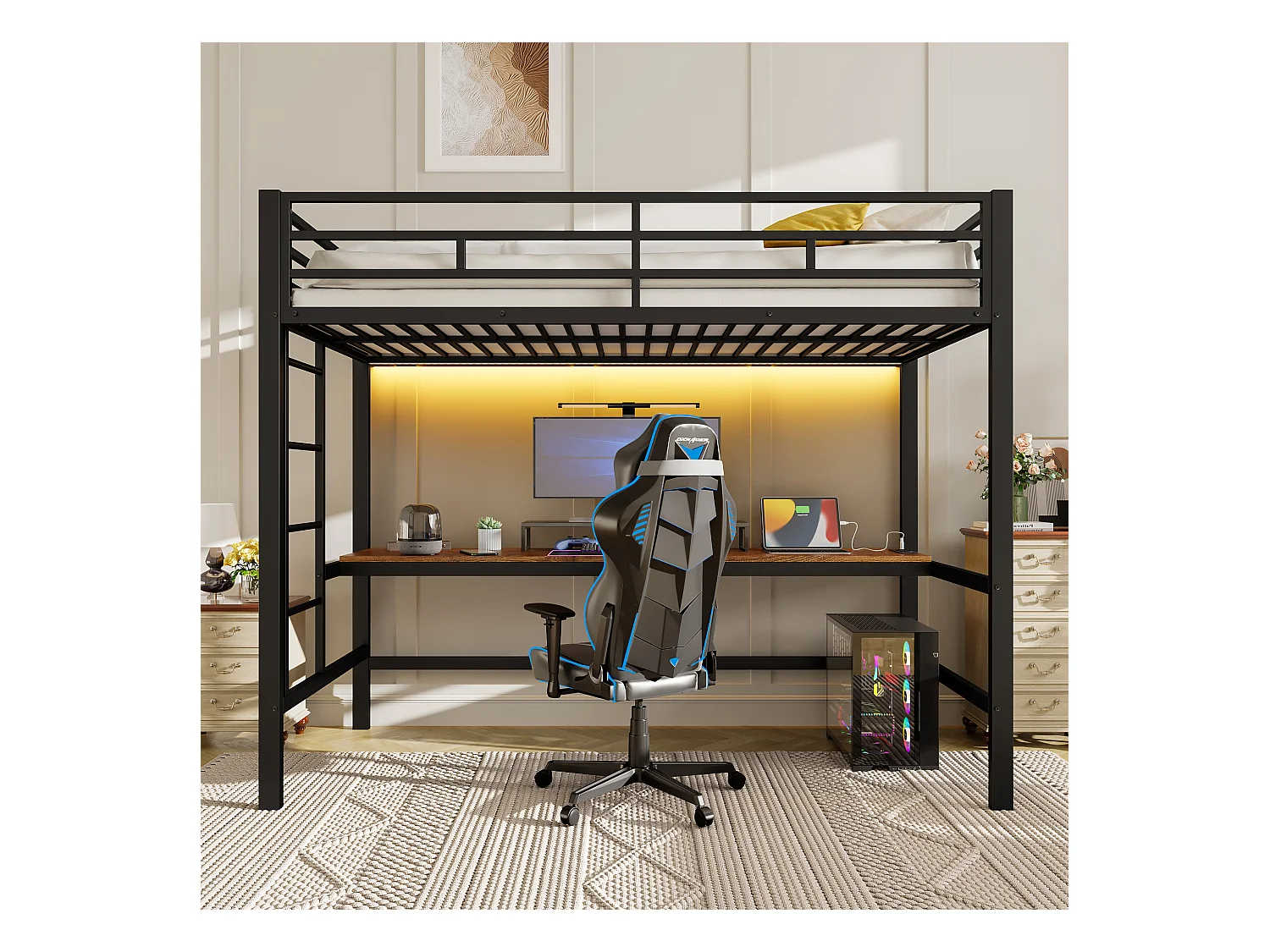 Hoogslaper met leuning en trapladder - 90 x 200 cm - met USB en tafel - LED - zonder matras - metaal - wit