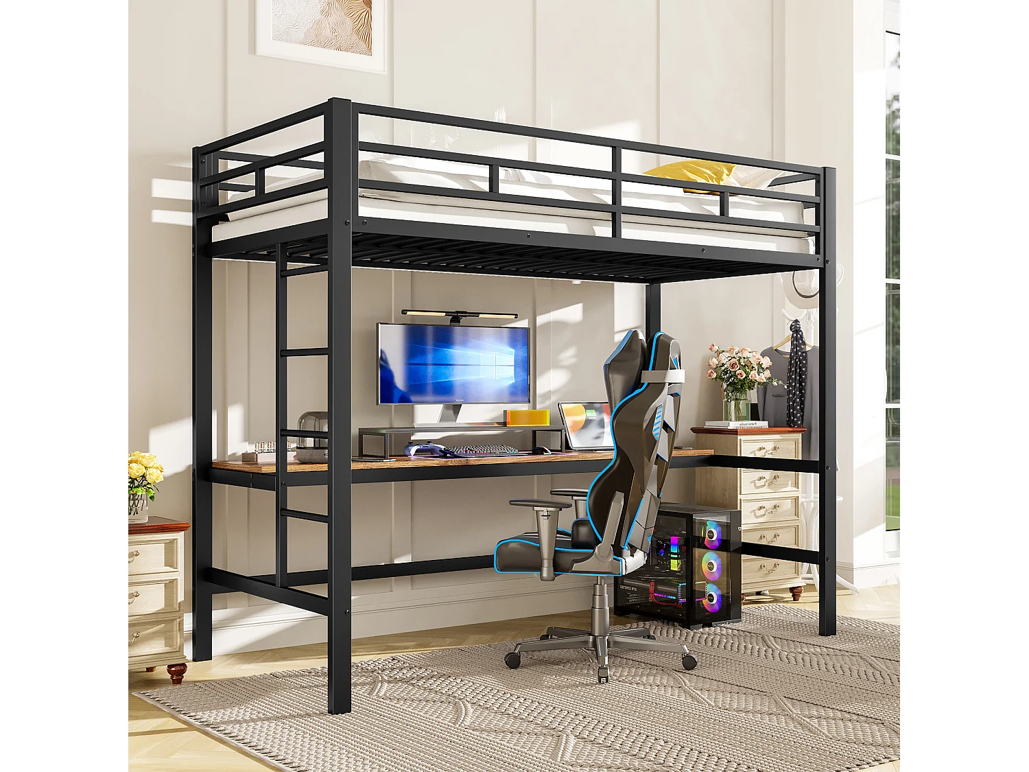 Lit mezzanine garde-corps et escabeau - 90 x 200 cm - avec USB et table - LED - sans matelas - métal - noir