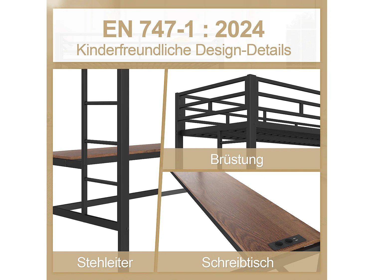 Lit mezzanine garde-corps et escabeau - 90 x 200 cm - avec USB et table - LED - sans matelas - métal - noir