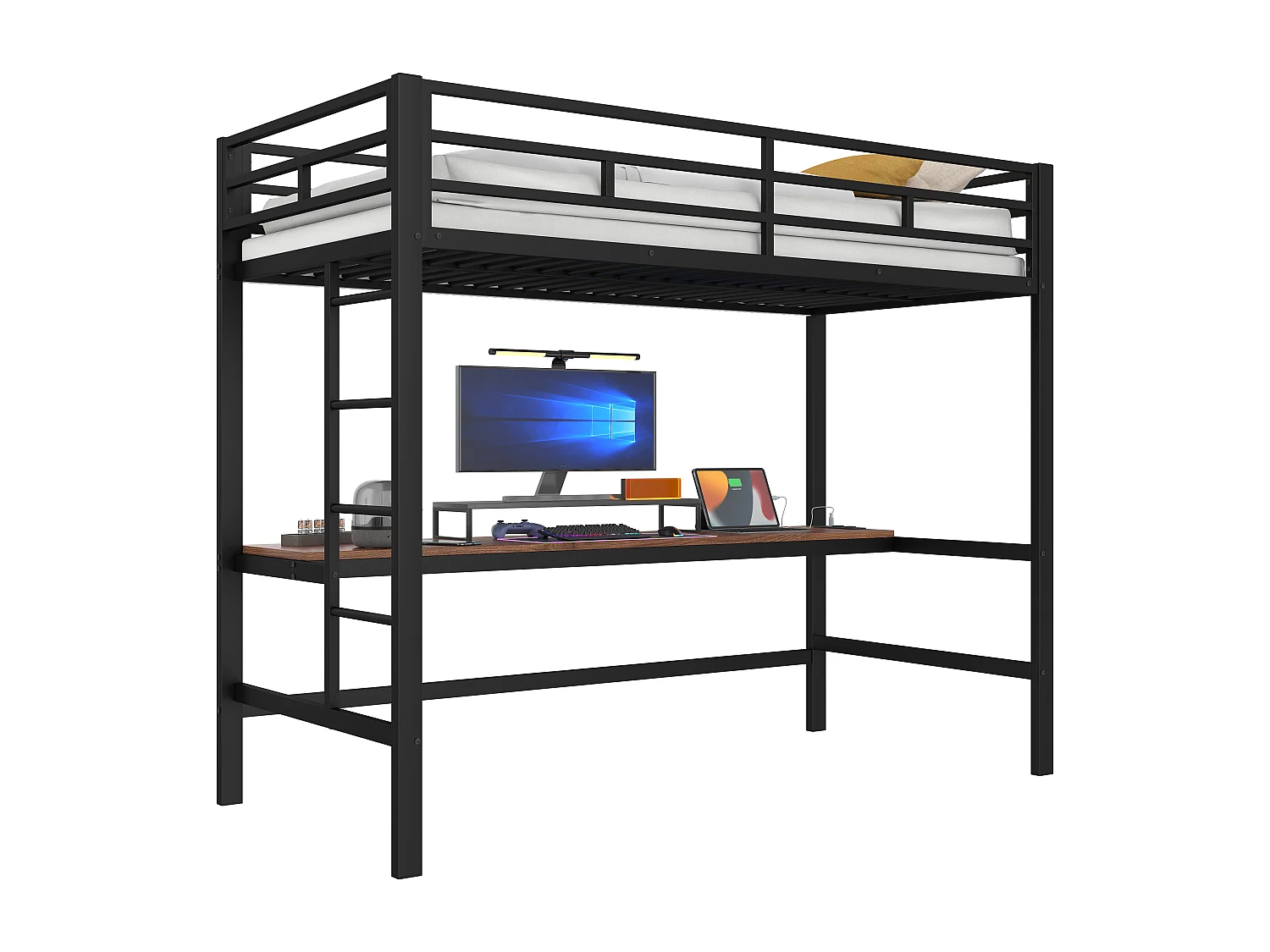 Lit mezzanine garde-corps et escabeau - 90 x 200 cm - avec USB et table - LED - sans matelas - métal - noir