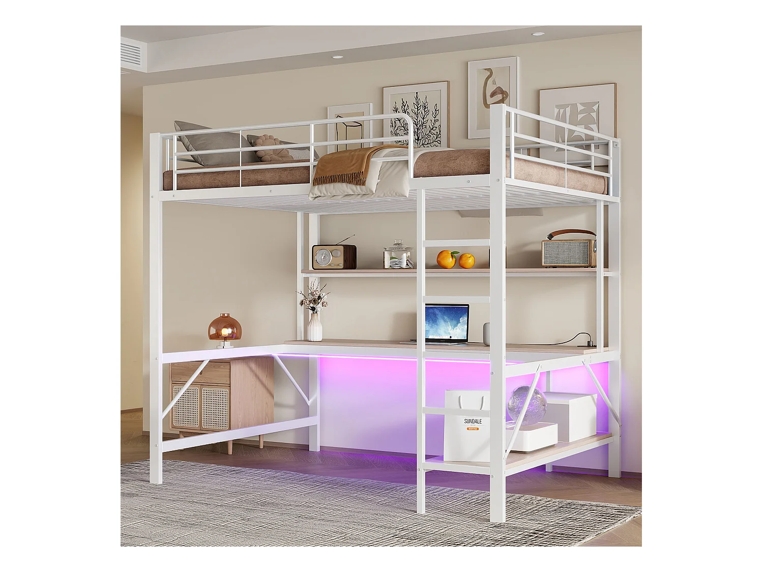 Lit mezzanine garde-corps et escabeau - 140 x 200 cm - avec USB et secteur - LED et bureau - sans matelas - métal - blanc