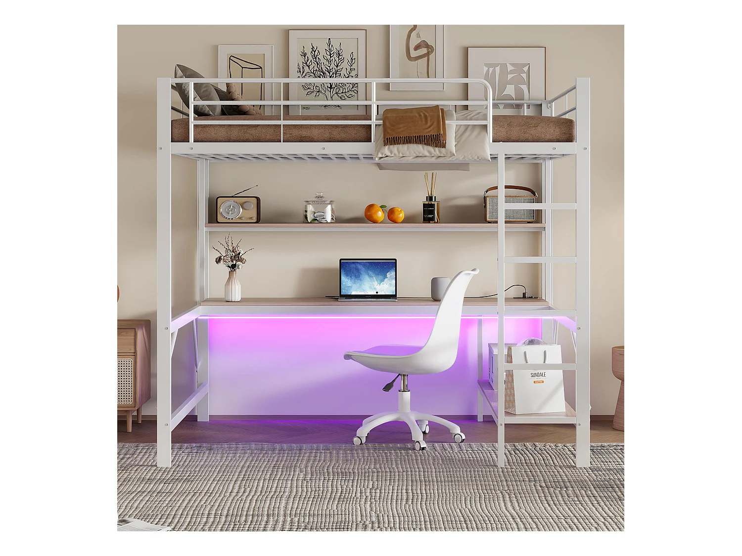 Lit mezzanine garde-corps et escabeau - 140 x 200 cm - avec USB et secteur - LED et bureau - sans matelas - métal - blanc