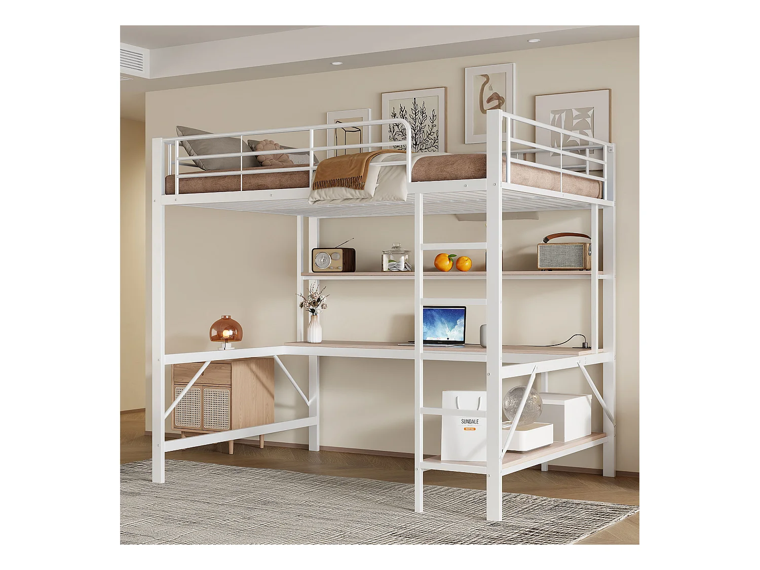 Lit mezzanine garde-corps et escabeau - 140 x 200 cm - avec USB et secteur - LED et bureau - sans matelas - métal - blanc