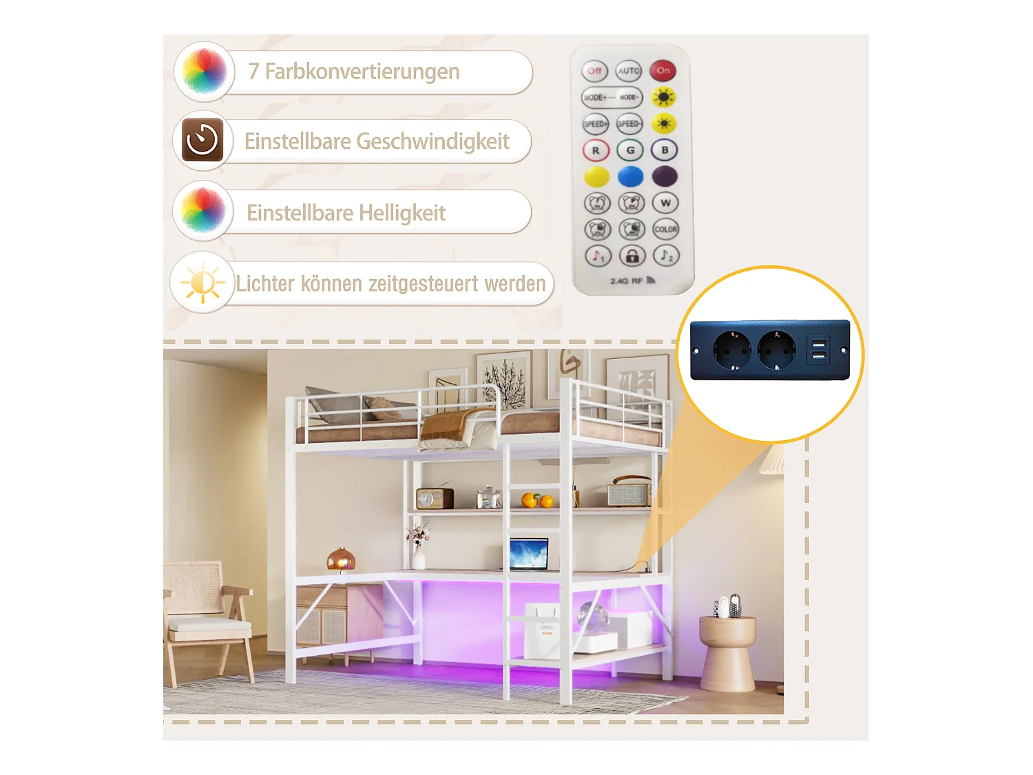 Lit mezzanine garde-corps et escabeau - 140 x 200 cm - avec USB et secteur - LED et bureau - sans matelas - métal - blanc