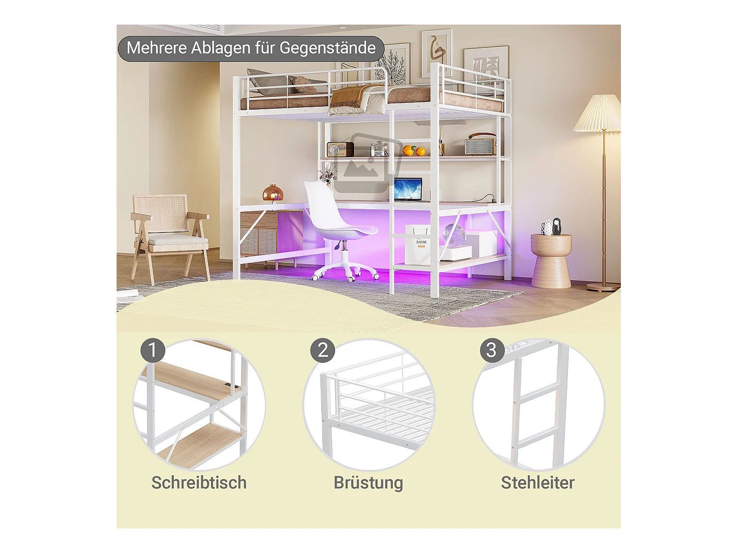 Lit mezzanine garde-corps et escabeau - 140 x 200 cm - avec USB et secteur - LED et bureau - sans matelas - métal - blanc