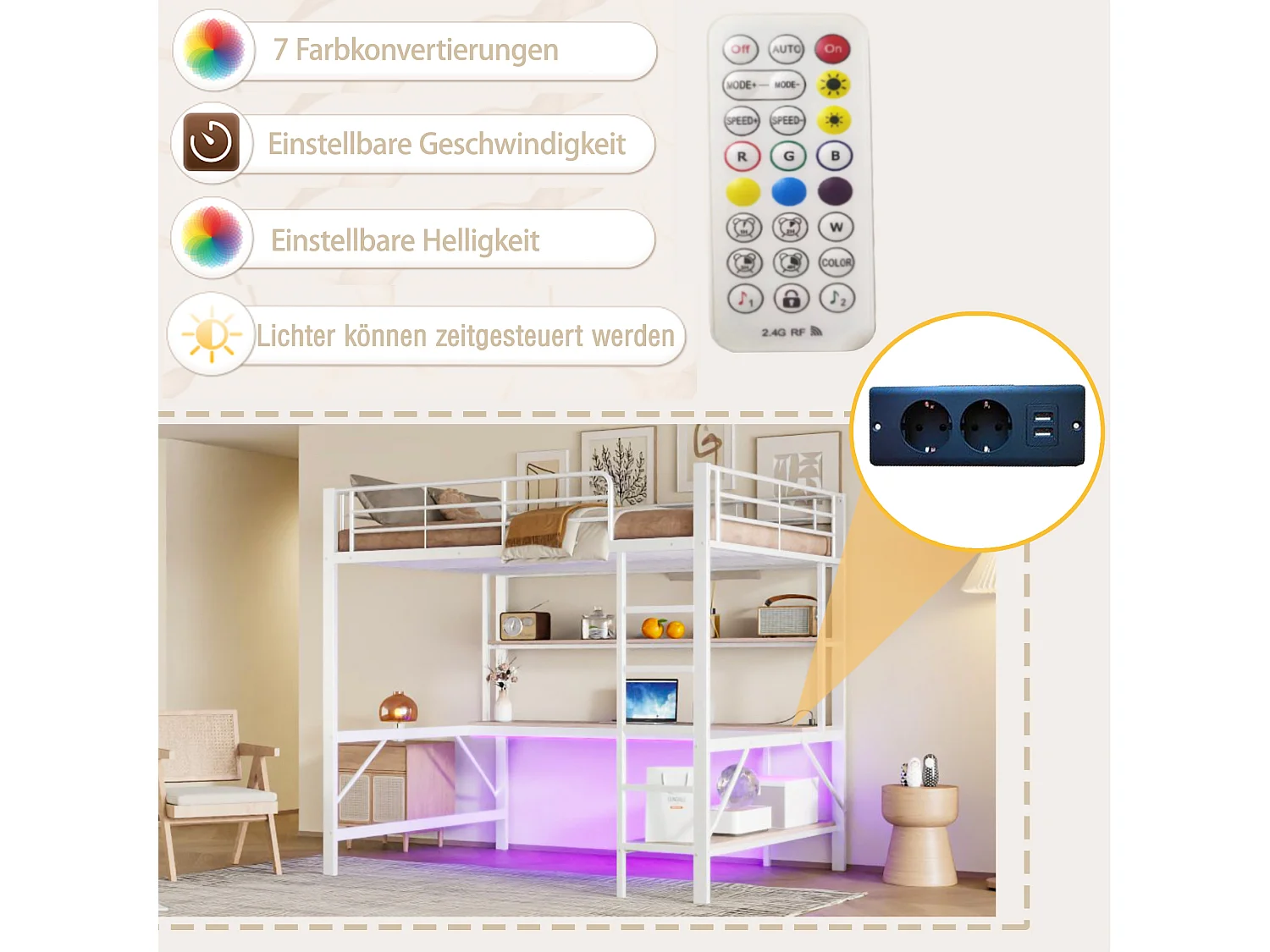 Bett mit Bettgitter und Leiter (140 x 200 cm) – mit USB- und Netzanschluss – LEDs und Schreibtisch – ohne Matratze Metall – Weiß
