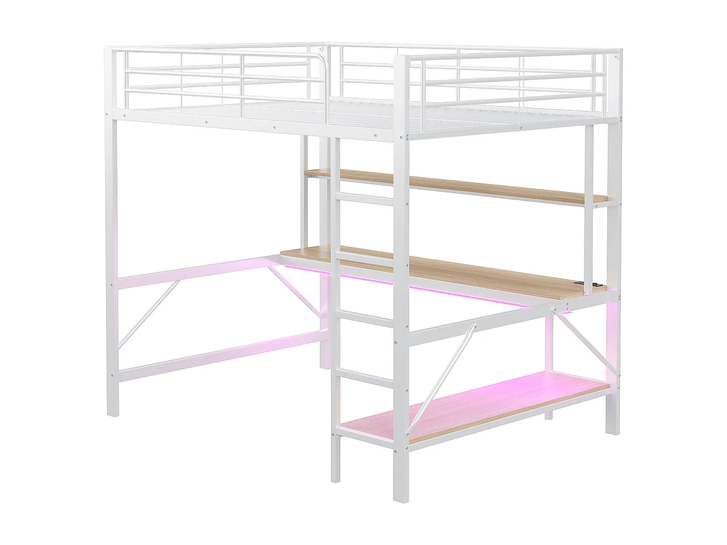 Lit mezzanine garde-corps et escabeau - 140 x 200 cm - avec USB et secteur - LED et bureau - sans matelas - métal - blanc