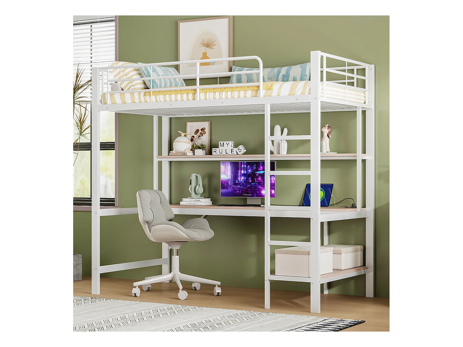 Bergbett mit Schutzgitter und Leiter – 90 x 200 cm – mit USB- und Netzanschluss – LED-Beleuchtung und Schreibtisch – Matratze nicht enthalten – Metall – weiß