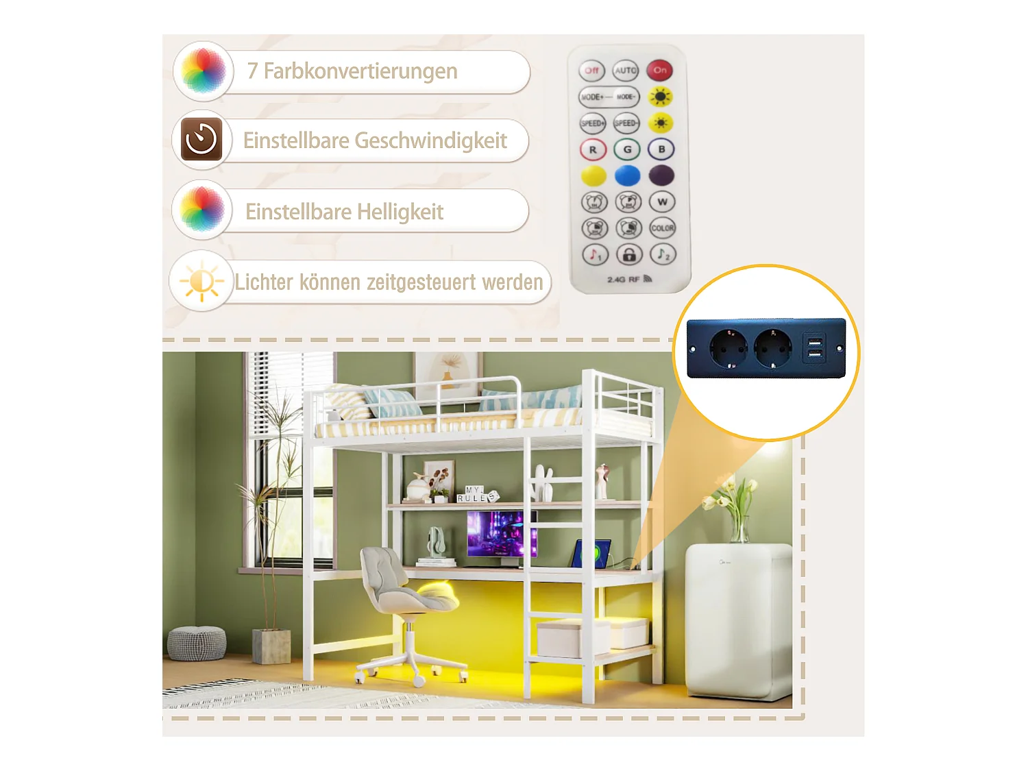 Bergbett mit Schutzgitter und Leiter – 90 x 200 cm – mit USB- und Netzanschluss – LED-Beleuchtung und Schreibtisch – Matratze nicht enthalten – Metall – weiß