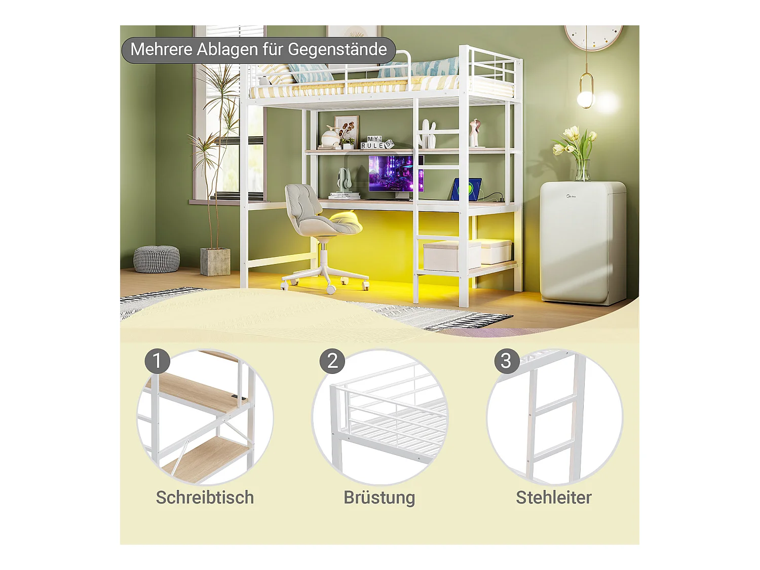 Bergbett mit Schutzgitter und Leiter – 90 x 200 cm – mit USB- und Netzanschluss – LED-Beleuchtung und Schreibtisch – Matratze nicht enthalten – Metall – weiß