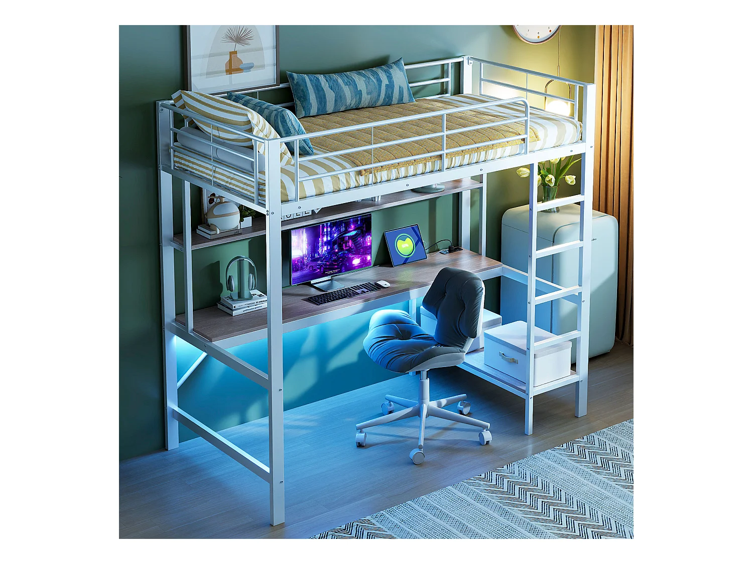 Bergbett mit Schutzgitter und Leiter – 90 x 200 cm – mit USB- und Netzanschluss – LED-Beleuchtung und Schreibtisch – Matratze nicht enthalten – Metall – weiß