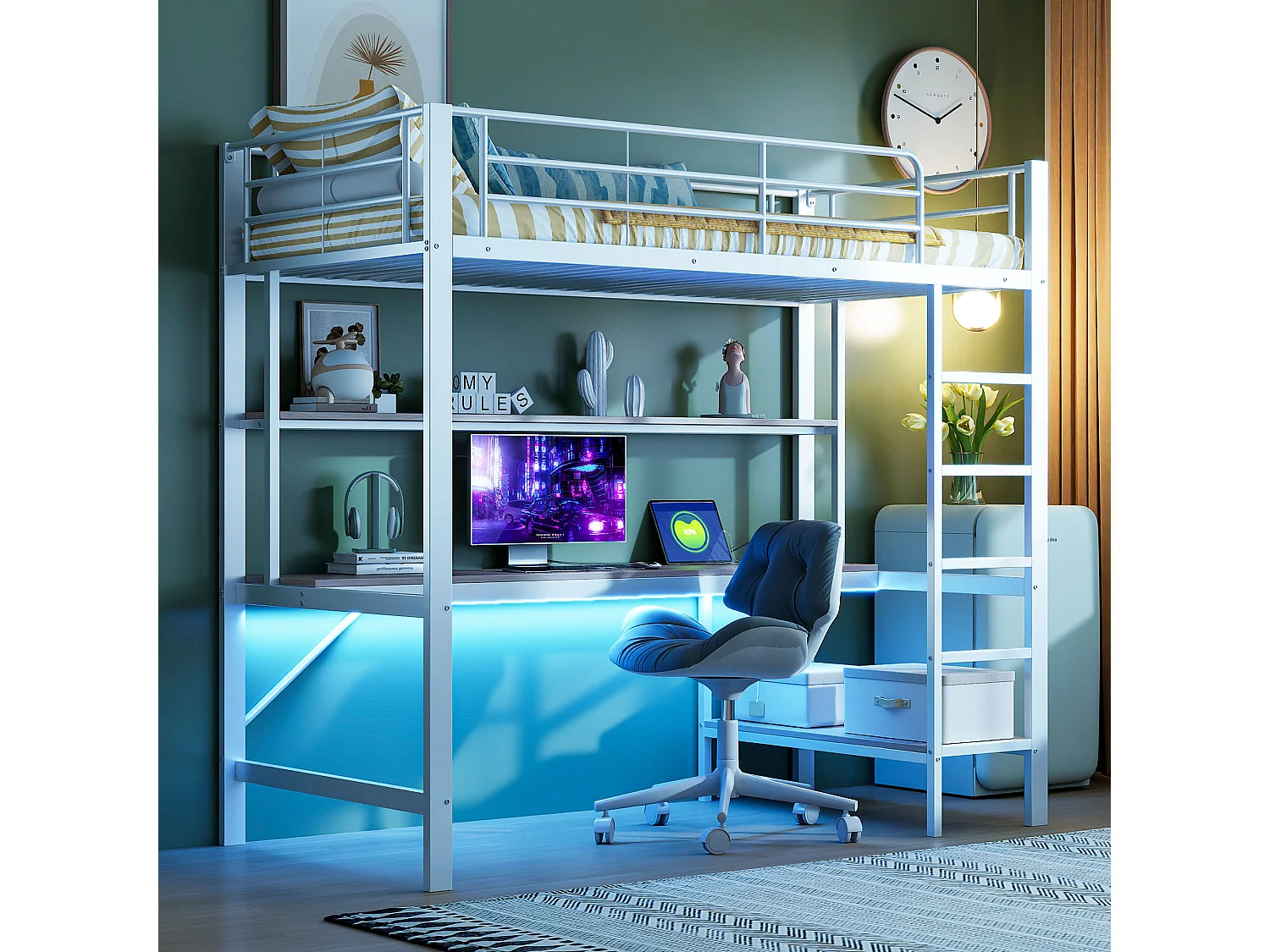 Cama alta con barandilla y escalera - 90 x 200 cm - con USB y corriente - iluminación LED y escritorio - colchón no incluido - metal - blanco