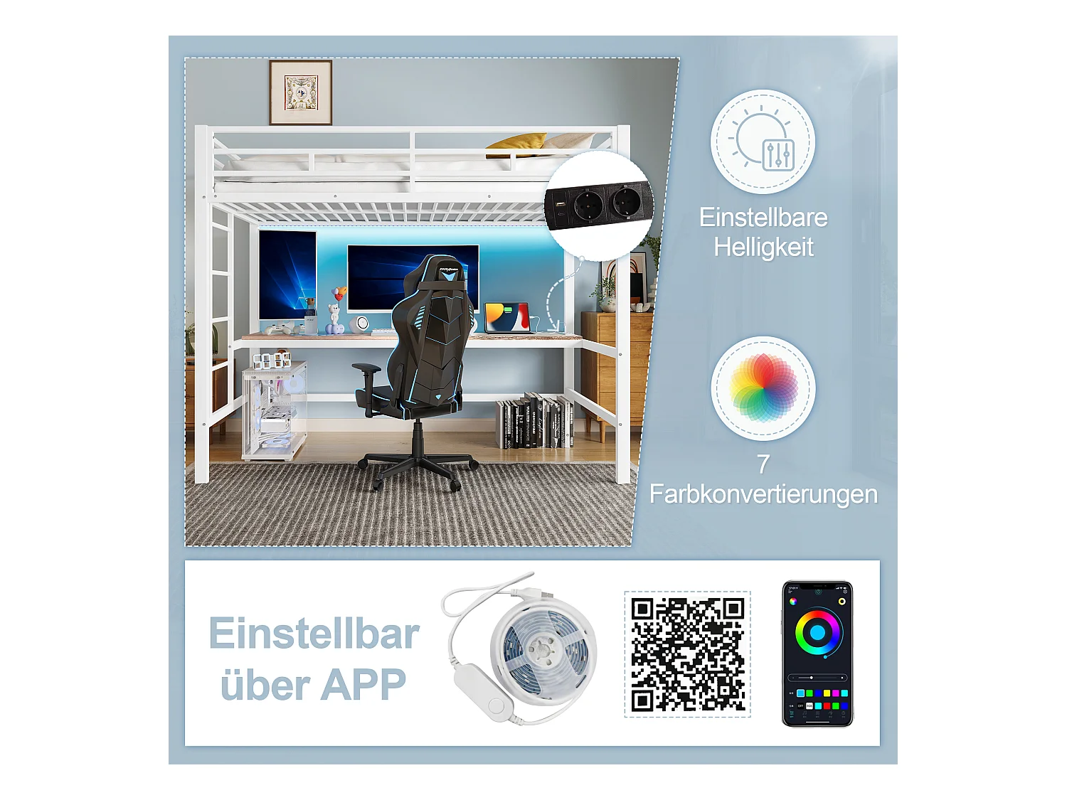 Bergbett mit Schutzgitter und Leiter, 90 x 200 cm, mit USB-Anschluss und Tisch, LED-Beleuchtung, ohne Matratze, Metall, weiß