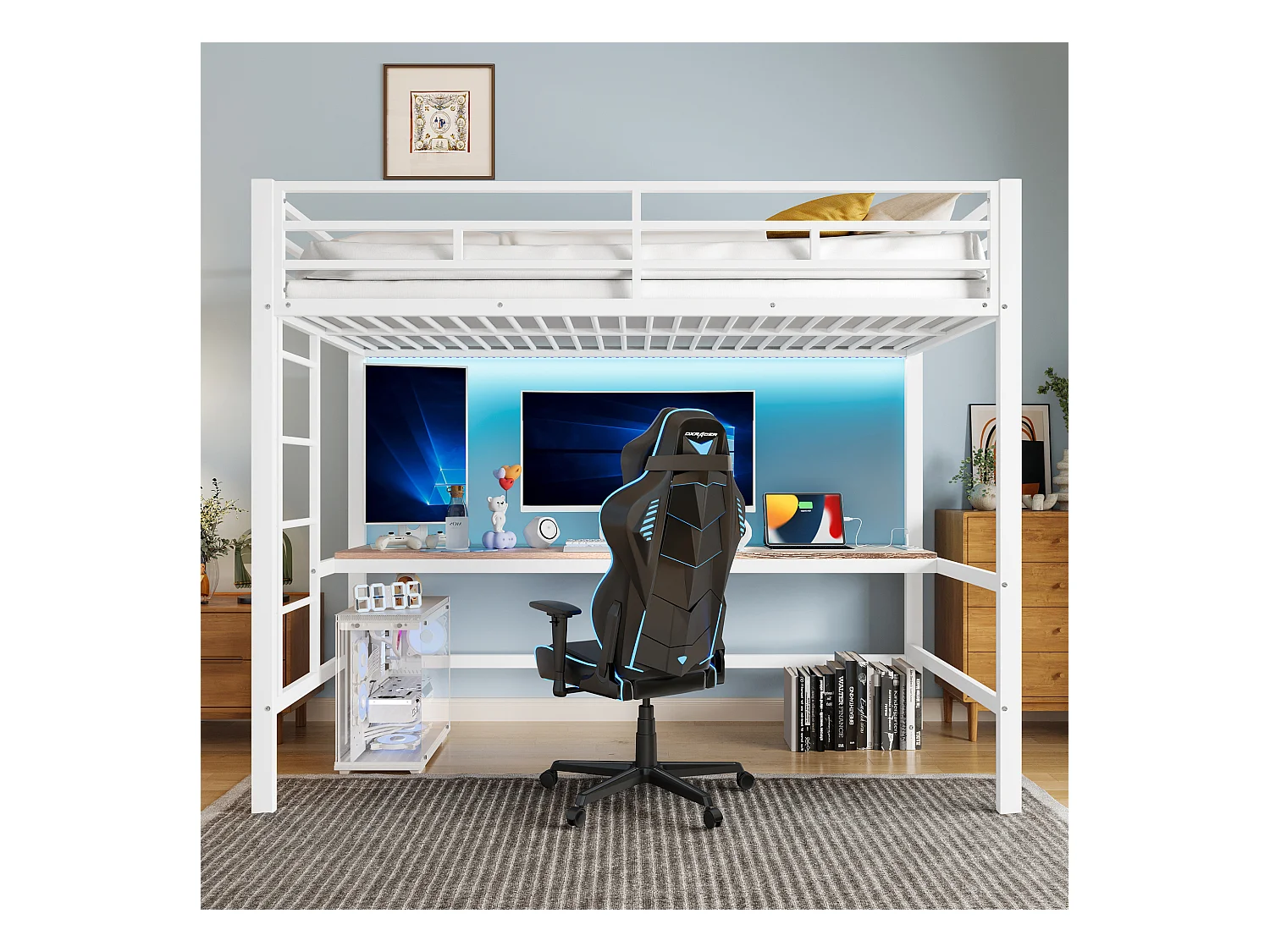 Lit mezzanine garde-corps et escabeau - 90 x 200 cm - avec USB et table - LED - sans matelas - métal - blanc