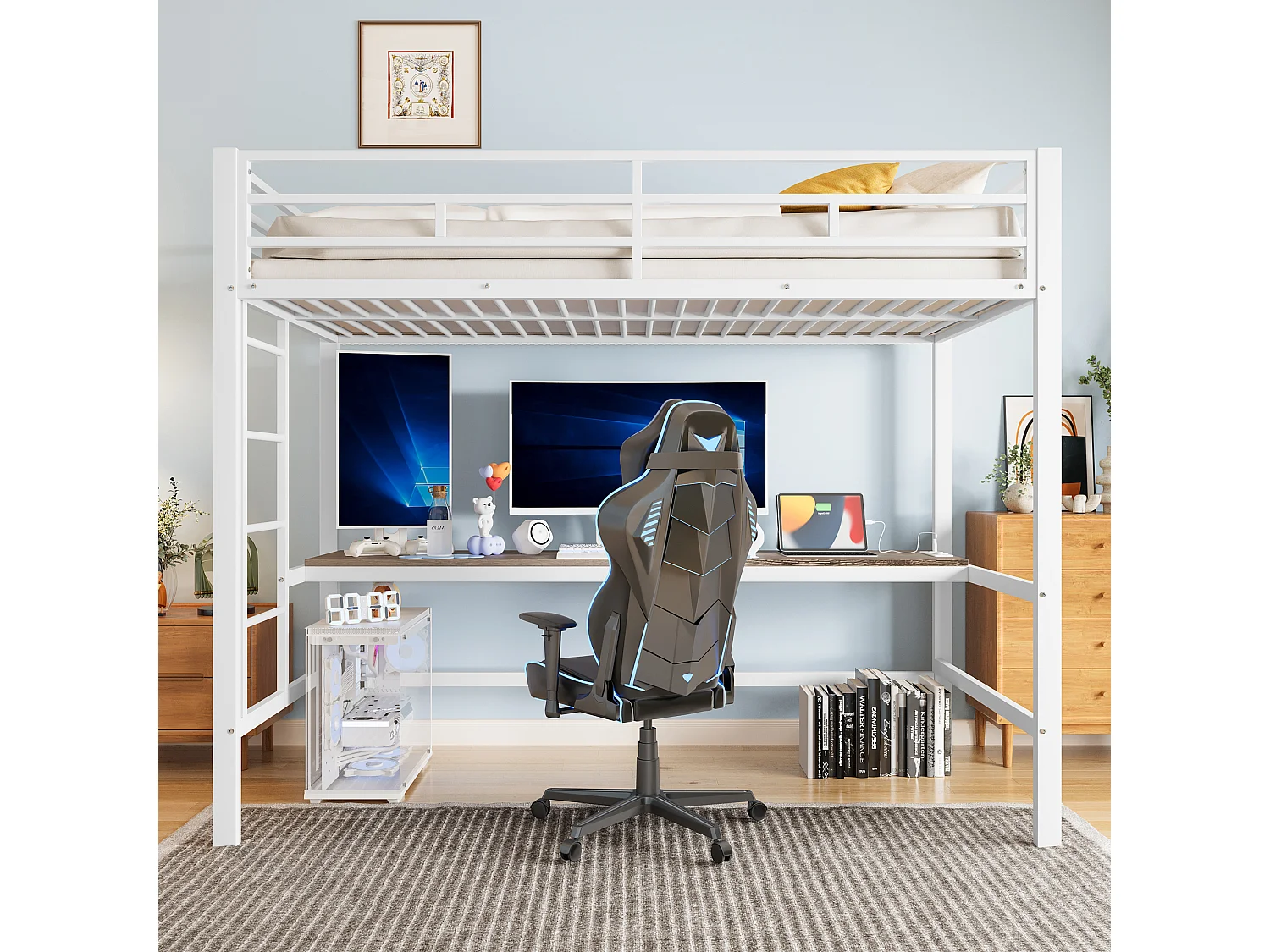 Łóżko piętrowe z barierką i drabinką - 90 x 200 cm - z USB i stolikiem - LED - bez materaca - metalowe - białe