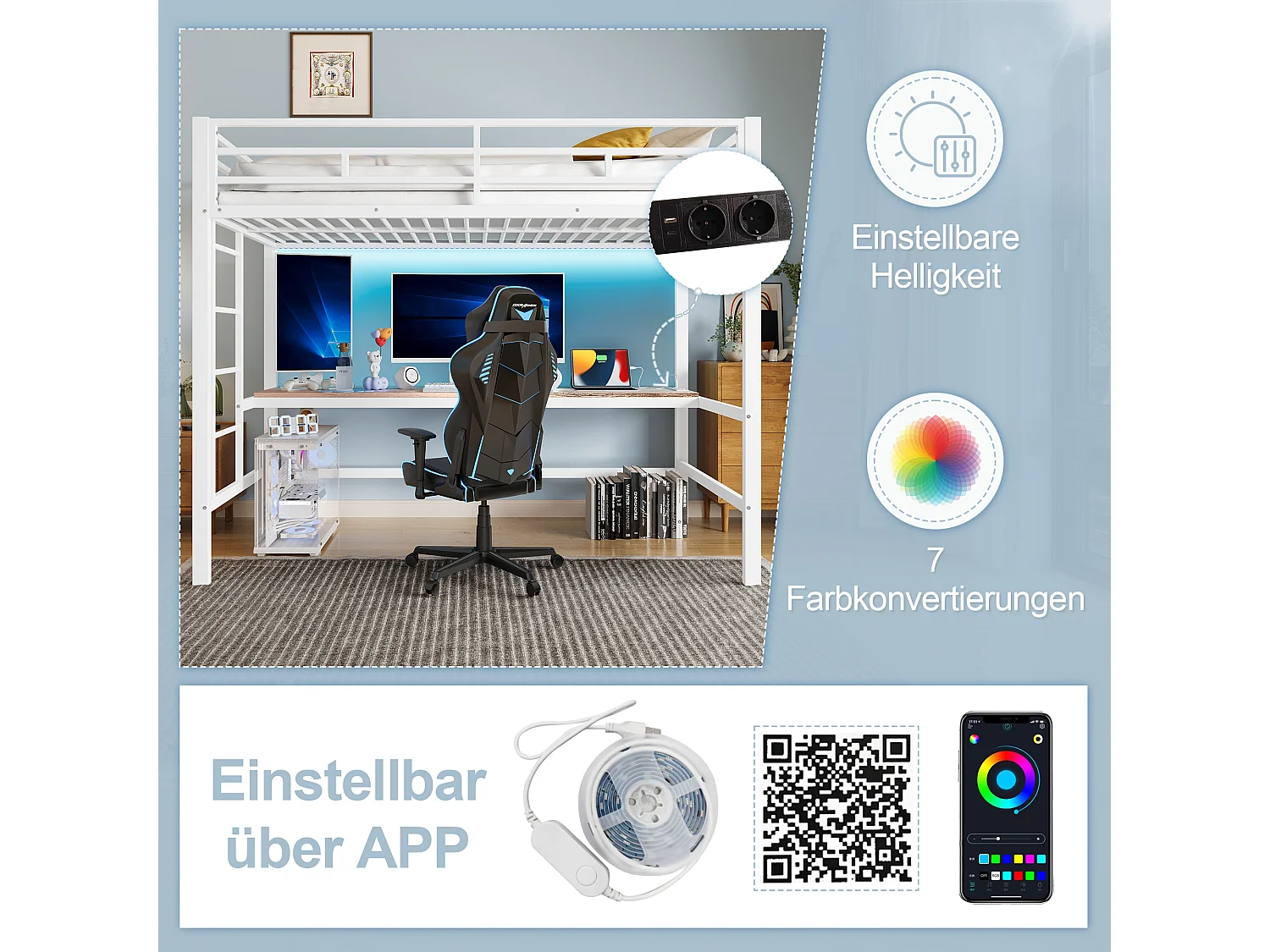 Łóżko piętrowe z barierką i drabinką - 90 x 200 cm - z USB i stolikiem - LED - bez materaca - metalowe - białe