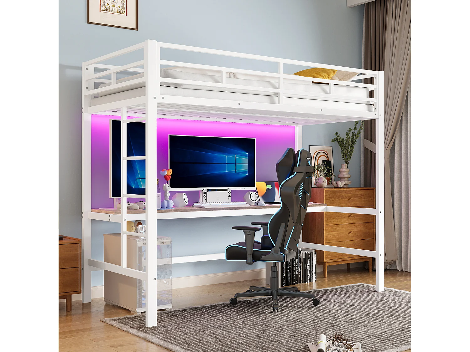 Łóżko piętrowe z barierką i drabinką - 90 x 200 cm - z USB i stolikiem - LED - bez materaca - metalowe - białe