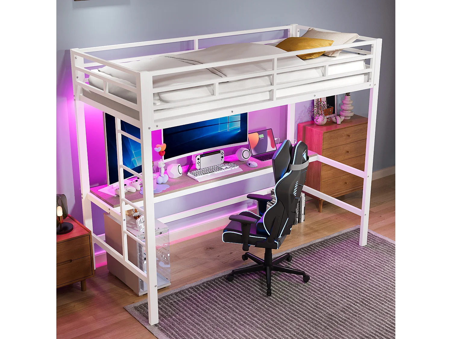 Łóżko piętrowe z barierką i drabinką - 90 x 200 cm - z USB i stolikiem - LED - bez materaca - metalowe - białe