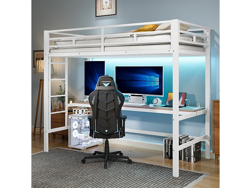 Letto a soppalco con sponda e scaletta - 90 x 200 cm - con USB e tavolo - LED - senza materasso - metallo - bianco